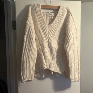 Anthropologie Cream V-Neck Cable Sweater